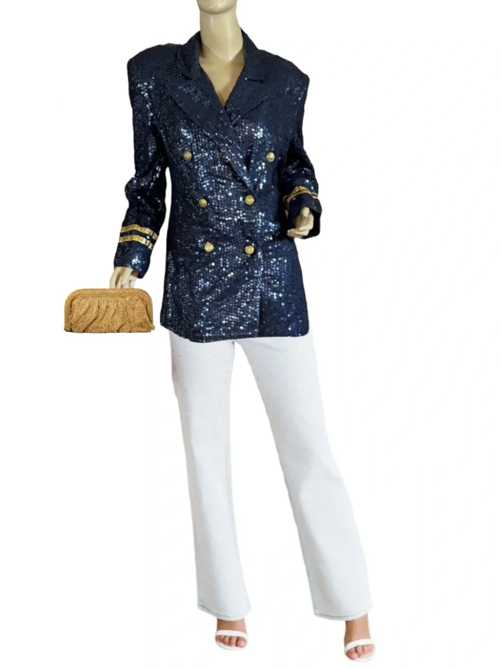 VINTAGE 1980'S LEW MAGRAM BLUE & GOLD NAUTICAL THEME SEQUIN BLAZER (L)
